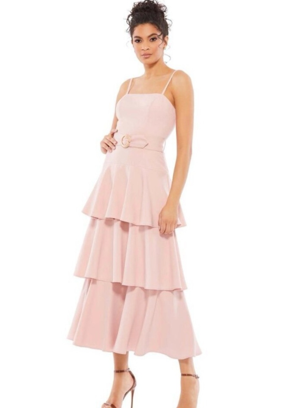 NWT Mac Duggal Belted Tiered Ruffle Sleeveless Midi Dress 4 Rose Pink #8106